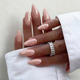 SXVME Uñas postizas cromadas almendra, rosa carne, con acabado de espejo esmaltado, uñas postizas cromadas brillantes, uñas postizas de gel stiletto p