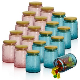 LINGSHINE Colored Mini Glass Jars with Reusable Bamboo Lids, 20 pack 8 oz Embossed Pink and Blue, Home Décor Food Storage Candle Parties Wedding Baby Shower Favors Gift