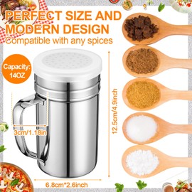 Lallisa 4 Pcs Stainless Steel Salt and Pepper Shakers with Lid and Handle Dredge Spice Seasoning Condiment Popcorn Salt Shaker Powder Sugar Flour for Cooking Kitchen Baking (14oz)