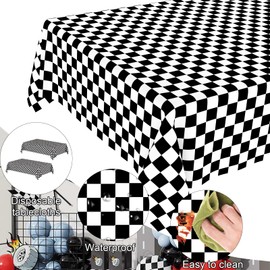 JCTHKUKU 2 Pcs Black and White Checkered Tablecloth, Disposable Plastic Black Gingham Table Cloth, Plaid Table Cover for Outdoor Picnic, Wedding, Baby & Bridal Shower, Birthday Party (54 x 108 Inch)