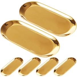 CYEAH Stainless Steel Decorative Tray Set of 6, Gold Decorative Tray 7 inch, Oval Jewelry Dish Bathroom Vanity Tray Small Serving Tray Candle Holder Stainless Steel Cosmetics Tray Perfume Tray