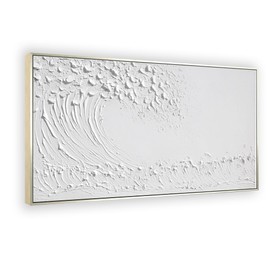 White Handmade Ocean Waves Painting Wall Art - Large Framed 3D Texture Home Decor 48x24 Canvas Simple Artwork Living Room Bedroom Decor