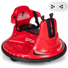 Costzon 12V Kids Ride On Bumper Car, Electric Bumper Car w/Dual Joysticks, Remote Control, 360° Spin, Slow Start Function, LED Lights & Fun Music, Adjustable Safety Belt, Soft Bumper (Red)