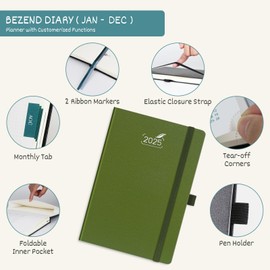 BEZEND 2025 Diary A5 Hardcover. Weekly Note Calendar & Pocket Planner from Jan - Dec 25, Diary 2025 with 120 g/m² Paper & Dotted Note Pages - Olive Green