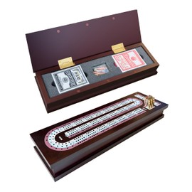 Wooden Cribbage Board Game Set with Cards & Metal Pegs – Foldable 3 Track Cribbage Board with Magnetic Lock, Large Storage Area – Travel Portable Cribbage Game for Adults & Family