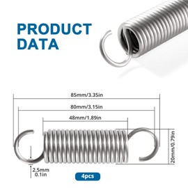 VooGenzek 4 PCS 2.5 * 20 * 80 mm Extension Spring, Stainless Steel Tension Spring with Hooks, Open Dual Hook Tension Spring, for Tents, Awnings, Trampoline