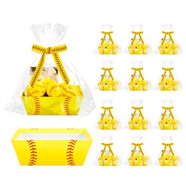 Whaline 12 Pack Softball Gift Basket Yellow Red Softball Basket Kit Empty to Fill with Clear Plastic Bags and Ribbon for Birthday Sports Party Favor Goodie Packaging