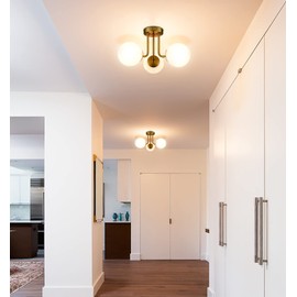 SHAWNKEY Modern Brass Gold 3-Light Ceiling Light with Globe White Glass Shade Semi Flush Mount Ceiling Light for Living Room Hallway Sputnik Chandelier Lighting Fixture