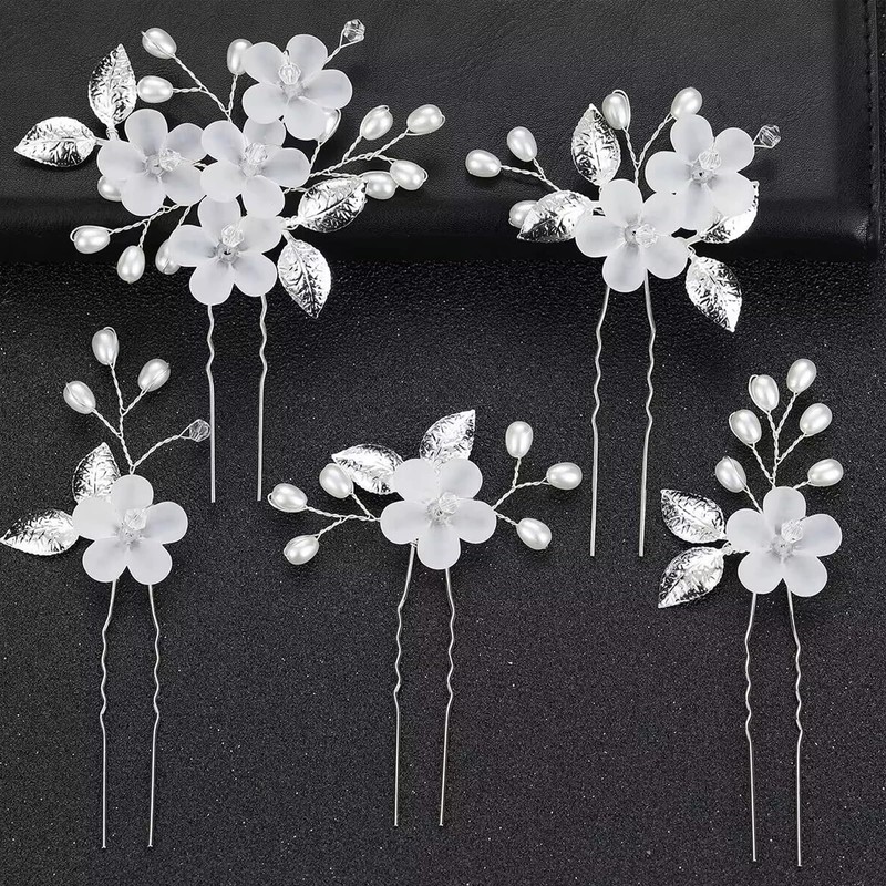 Landrain 5 Stück Silber U-Förmig Blumen Perlen Haarnadeln Braut Haarschmuck