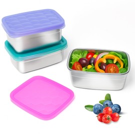 Tanjiae 3-Pack Stainless Steel Snack Containers for Kids & Toddlers - 550ml (18oz) Leakproof Reusable Food Containers with LFGB Certified Lids | Stackable Metal Lunch Box for Daycare, School, Travel
