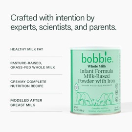 Bobbie Whole Milk, Grass Fed Infant Formula with Iron, Plant Based DHA and ARA, Vitamin D and Protein Blend Modeled After Breast Milk, For Newborn Baby to 12 Month Old, 14.1 oz, 4 Pack