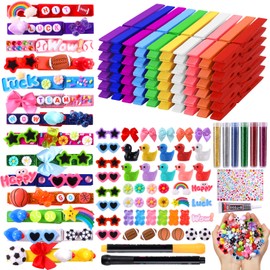 JOICEE 60 Set Cheer Pins Spirit Clips, 60 Colored Wooden Clothes Pins 102 Mini Resin Ducks Bows Daisy and Stickers Pens 150 Clay Beads for Backpacks Ribbon Team Classroom Cheer Gifts Bulk