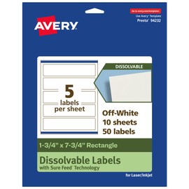 Avery Dissolvable Rectangle Labels, Sure Feed Technology, 1.75" x 7.75", Matte White, Print-to-The-Edge, Laser/Inkjet Printable, 50 Labels Total