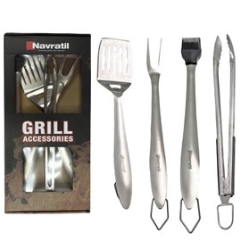 Heavy Duty BBQ Grill Tools: Stainless Steel BBQ Accessories for Outdoor Grill, 4-Piece Grilling Tools with Tongs, Spatula, Fork, Basting Brush Dishwasher Safe, Gift Case