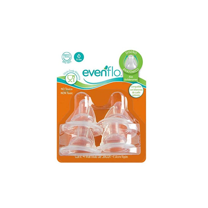 Evenflo Mamila Anatómica de Silicón, Flujo Lento, con Alas Antiderrames,