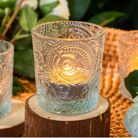 6 Pack Sun Moon Star Embossed Glass Tea Light Candle Holders - Votive Candle Holders for Wedding, Party, Home Decor, and Table Centerpieces (Clear Glass)