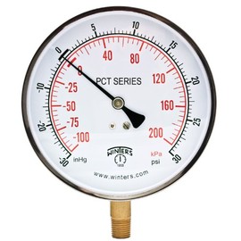 Winters PCT Series Stainless Steel 304 Dual Scale Contractor Pressure Gauge, 30" Hg Vacuum-0-30 psi/kpa, 4-1/2" Dial Display, +/-1% Accuracy, 1/4" NPT Bottom Mount