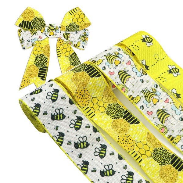 4 Rolls 20Yards Wired Edge Ribbon 2.5inch Bee Gnome Hexagon