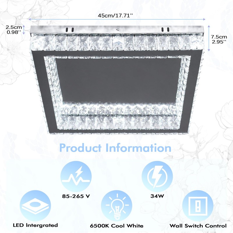 Finktonglan Square Crystal LED Flush Mount Ceiling Light, 17.7" Modern