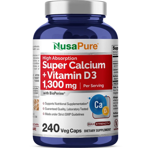 NusaPure Super Calcium 1300mg, Vitamin D3-240 Veggie Caps (Non-GMO, Gluten-Free, Bioperine)