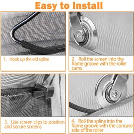 Screen Repair kit, Screen Roller Tool, Steel/Nylon Roller with Bear+10pcs Screen Clips+32ft Screen Spline+Removal Hook, 5 in 1 Window Screen Door Repair Kit,for Installing Door Window Mesh