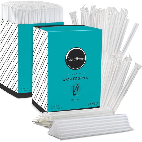 DuraHome Clear Plastic Straws Individually Wrapped 1000 Pack - 8 inch Drinking Straw, BPA Free - Restaurant Style Disposable Straws 0.24" Wide, Bulk Set