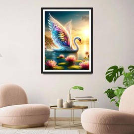 QINRUBB Swan Diamond Painting Adults, 5D Lotus Diamond Painting Pictures Beginners, DIY Sunset Round Full Drill Diamond Painting Embroidery Cross Stitch Gifts Home Wall Decor 30 x 40 cm