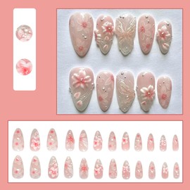 24 Pcs Clear Press on Nails Short Almond Nail Tips,YEFIUO Acrylic Nail Kit Fake Nails Press ons Glue on Nails Artificial French False Nails Pink Flower Pearls Stick on Nail Art Design for Women
