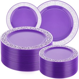 Maxcheck 100 Pack Purple Silver Plastic Plates Disposable Plates with Silver Rim Plastic Dinnerware Set Plastic Dessert Salad Plates Reusable Party Dinner Plate for Wedding Birthday Valentine's Day