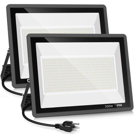 YANYCN 2 Pack 500W LED Flood Light Outdoor,2750W Equivalent Super Bright FloodLight with Plug,58600LM 5000K Daylight White IP66 Waterproof Commercial Lighting for Sports Fields,Counts,Arena,Stadium