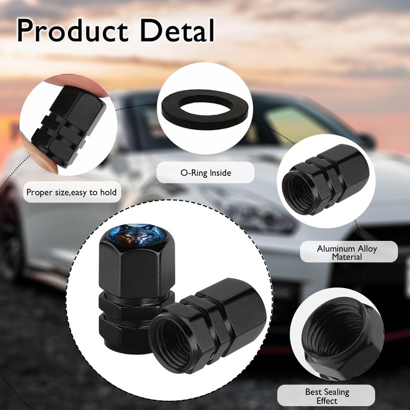 Tire Valve Stem Caps Wolf Car Accessories 4-Pack-Aluminum Alloy Rust-Proof
