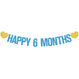 Happy 6 Months Banner, Half Way to One, Baby 1/2 Birthday, First Birthday Baby Shower Gender Reveal Party Decorations Supplies for Boy Girl, Blue Glitter