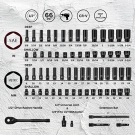 Noviitus 1/2" Drive Impact Socket Set,66-Pieces Metric and SAE Socket set with 3", 5", 10" Extension bars and Drive Ratchet Handle,Deep and Standard, 6 Point(1/2" Socket Set, Metric and SAE, 66pcs)