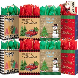 HEYINSHEN 20 PCS Christmas Kraft Gift Bags Christmas Gift Bags with Handles Xmas Gift Bag with Tissue Papers Reusable Goody Treat Bags Bulk for Classrooms Wedding and Party Favors Xmas Supplies