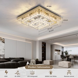 Kuailkag 18" Modern Gold Crystal Chandelier with Remote Control, Dimmable Flush Mount Ceiling Light Fixture, 3-Color Temperature, Led Ceiling Lamp for Living Room Bedroom Kitchen Dining Room Entryway