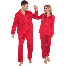 Ekouaer Silk Pajamas for Couples Essential Sleepwear Women's Long Sleeve Home Wear Christmas His and Her Pjs Set Red,XL