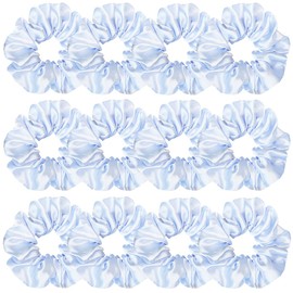 12 Pcs Satin Silk Scrunchies, Soft Hair Ties, Fashion Hair Accessories Bows, Ropes, Elastic Bracelets, Ponytail Holders for Women and Girls (4.5 Inch, Light Blue)
