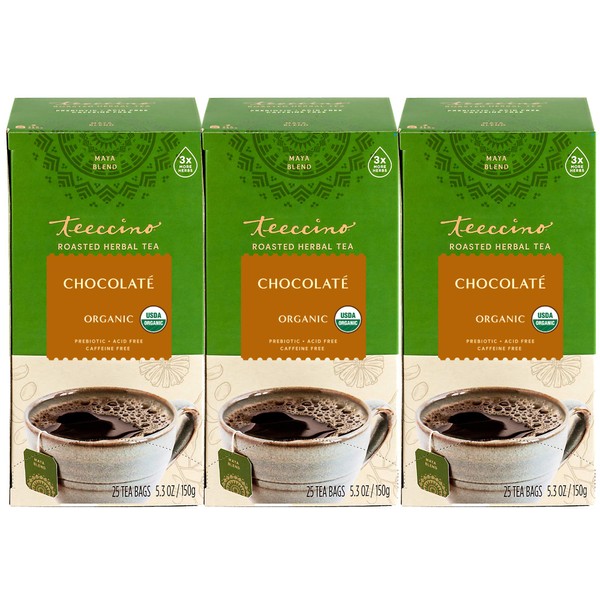 Teeccino Chocolaté Herbal Tea - Rich & Roasted Herbal Tea That’s Caffeine Free & Prebiotic for Natural Energy, 25 Tea Bags (Pack of 3)