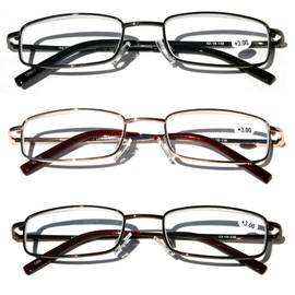 V.W.E. 3 Pairs Slim Metal Rectangular Reading Glasses/w Spring Hinge Rectangle Reader - High Power (3 Assorted Pairs, 3.50)