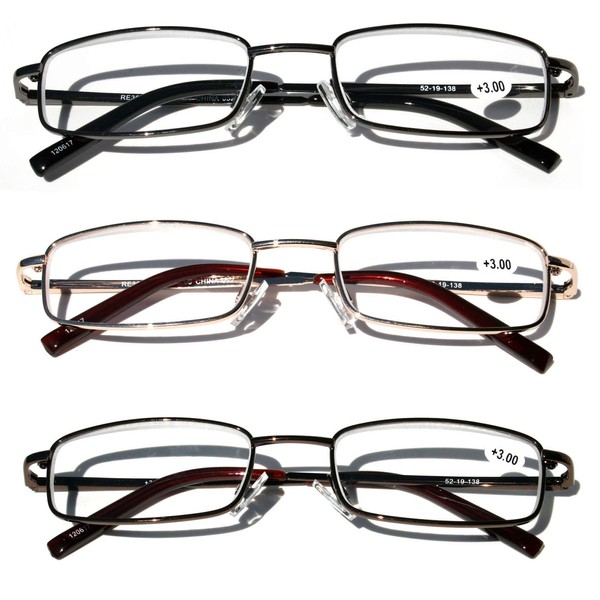 V.W.E. 3 Pairs Slim Metal Rectangular Reading Glasses/w Spring Hinge