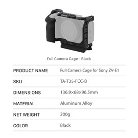 Tilta ZV-E1 Cage,Full Camera Cage Compatible with Sony ZV-E1 with Built-in Handgrip High Compatibility and Lightweight - Black TA-T35-FCC-B