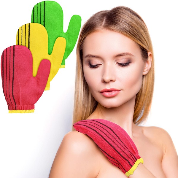 Tatuo 3 Pieces Korean Exfoliating Mitt Exfoliating Washcloth Korean Body Scrub Gloves Italy Face Shower Cloth Asian Bath Massage Mitts for Women and Men Wash Skin Deep Cleaning, Red, Green, Yellow