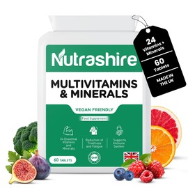 Vegan Multivitamins and Minerals – 60 Multivitamin Tablets for Men & Women with 24 Essential Nutrients Including B12, Iron, Calcium and Zinc – Made in UK