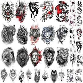 AWLEE Temporary Tattoos Waterproof Lion Tiger Tribal Totem - Long Lasting Fake tattoo for Men and Women 35 Sheets (Lion tiger)