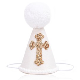 WAWUO First Holy Communion Party Hat - Baby Baptism Party Decorations,Gold Glitter Cross Party Hat,God Bless Christian Theme Party Decorations,Cross Communion Party Cone Hat Photo Props