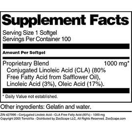 TerraVita Conjugated Linoleic Acid - CLA Free Fatty Acid (80%) - 1000 mg (100 softgels, ZIN: 427996)