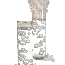 4 Packs Sale Floating White Pearls - No Hole Jumbo/Assorted Sizes Vase Decorations + Includes Transparent Water Gels for Floating The Pearls