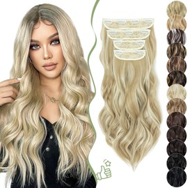 SEGO 22 Inch Thick Highlight Hair Piece 4PCS Long Wavy Clip in Extensions Full Head 180g Synthetic Fiber Hairpieces For Women, Ash Blonde & Bleach Blonde