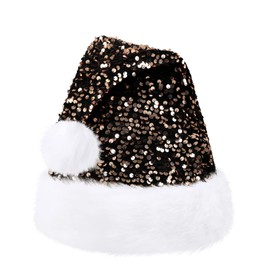 KONVINIT Black Fluffy Christmas Hats Adult with Golden Sequin Santa Claus Hat Deluxe Santa Hat for men and Women,Father Xmas Hat with a Pompom Christmas Elf Hats,black