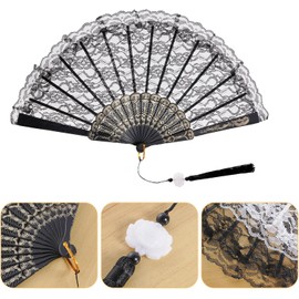 Fsfsdg Lace Handheld Folding Fan Chinese Japanese Vintage Fan for Wedding Dancing Tea Party (Black)